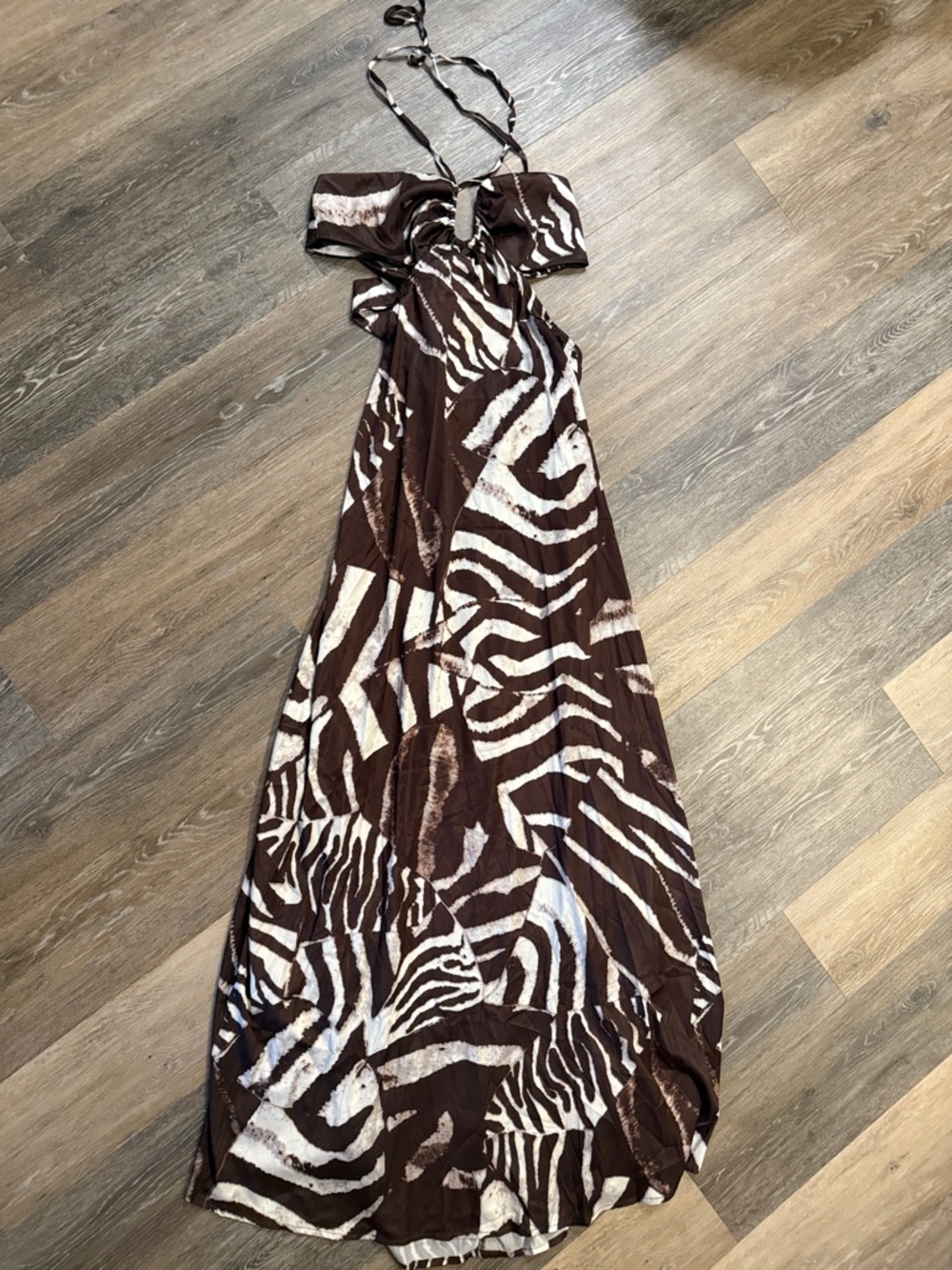 Women’s Brown and Cream Zebra Print Halter Maxi Dress